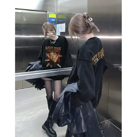 美式复古卫衣女2024新款春秋薄款宽松bf慵懒风设计感小众上衣潮牌商品大图