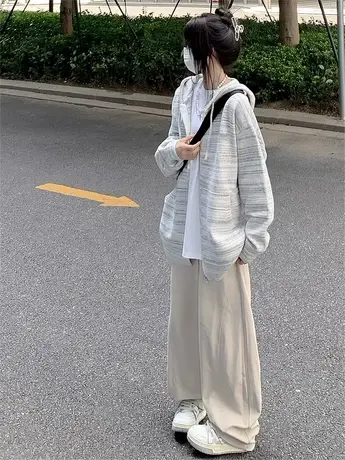 连帽毛衣外套女条纹日系复古小众设计感慵懒风宽松温柔开衫上衣潮图片