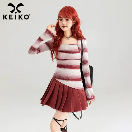 KEIKO  法式方领长袖t恤女春夏甜辣妹渐变条纹修身显瘦不规则上衣图片