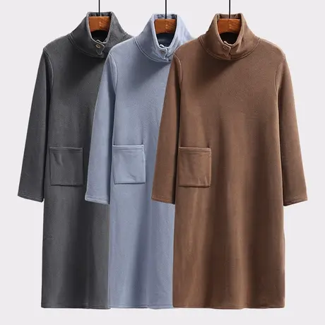 高领护颈套头摇粒绒睡裙中年妈妈宽松带口袋连衣裙商品大图