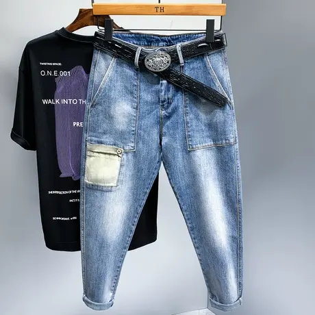 夏季新款男士牛仔裤男士修身小脚休闲长裤子港版潮流潮牌直筒百搭商品大图