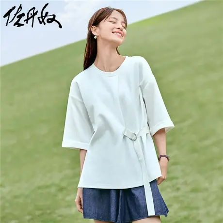 佐丹奴T恤女装针织侧腰带宽松落肩圆领短袖T恤 18323907商品大图