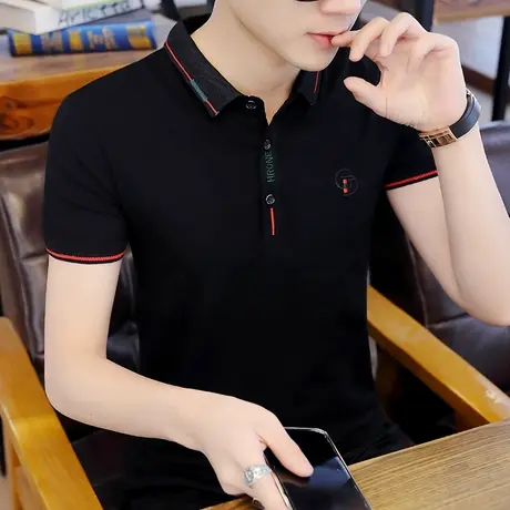 夏季男士短袖T恤潮流翻领纯棉polo衫男上衣服修身ins黑色体恤带领商品大图