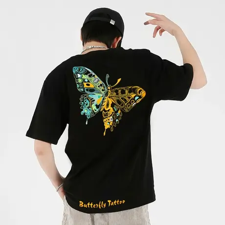 蝴蝶刺绣短袖圆领宽松休闲男士夏季纯棉半袖大码t恤嘻哈潮流体恤图片