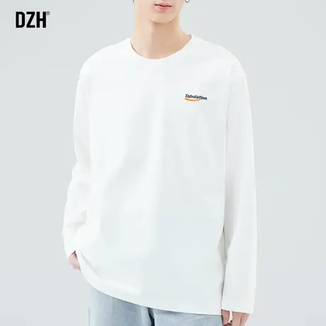 青少年高级感白色t恤男长袖纯棉春季印花上衣2024新款圆领打底衫商品大图