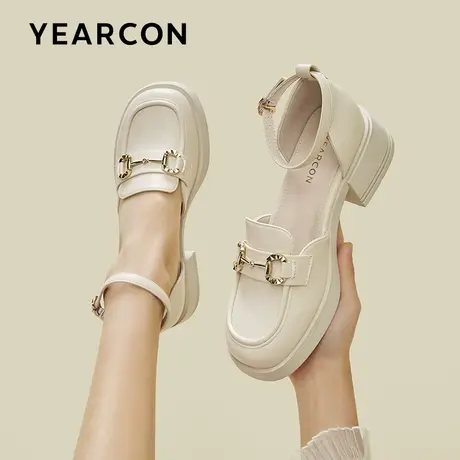 意尔康粗跟凉鞋女2023春夏新款浅口厚底仙女风小皮鞋高跟包头单鞋图片