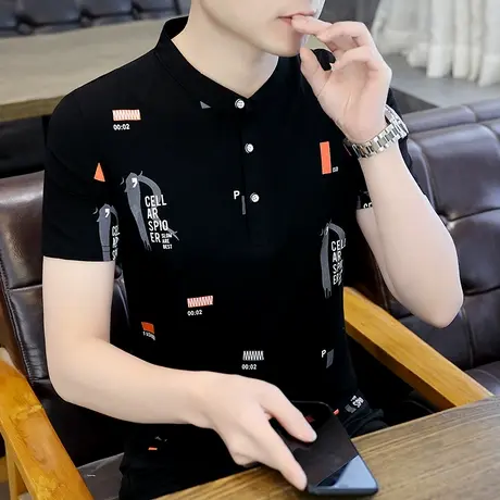 夏季短袖t恤男士潮流立领polo衫2022新款男装青年韩版半袖棉体恤商品大图