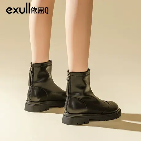 依思q短靴女秋冬卡其色靴子女2023年新款爆款软皮切尔西靴时装靴图片