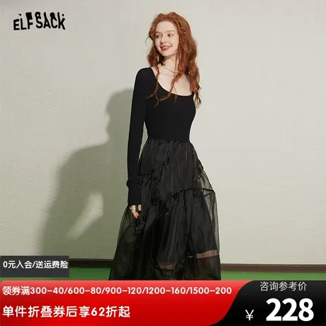 妖精的口袋黑色拼接蓬蓬连衣裙女2024春秋新款长袖修身气质a字裙图片