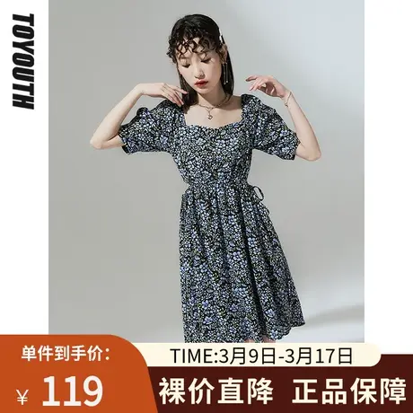 TOYOUTH初语连衣裙女夏季新款莫奈花园泡泡袖高腰方领碎花裙图片