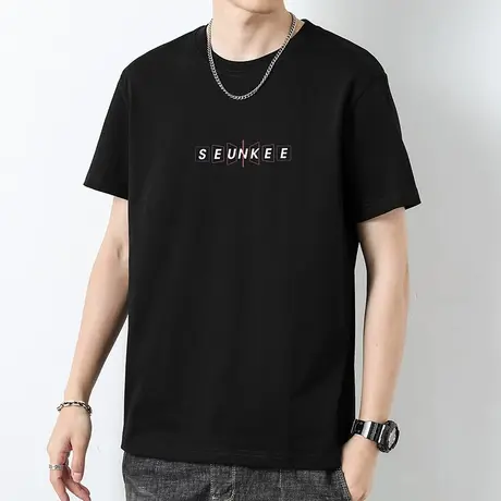 重磅纯棉短袖t恤男装潮牌夏季液氨长绒棉潮流宽松黑色上衣服半袖商品大图