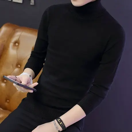 高领毛衣男装秋冬季薄款针织衫潮流韩版线衣纯色黑色打底衫上衣服商品大图