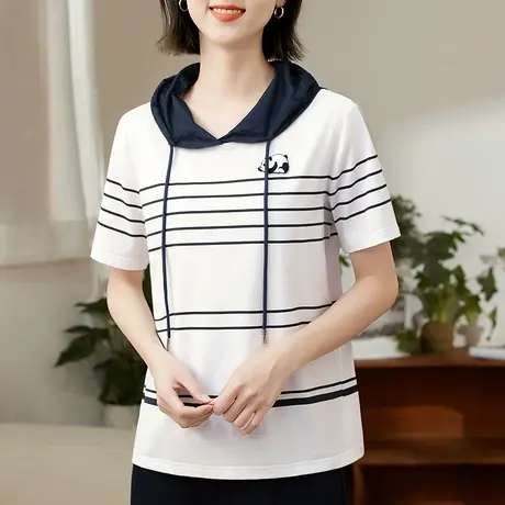 宽松休闲运动t恤衫夏季时尚大码女装条纹连帽上衣服洋气百搭体恤商品大图