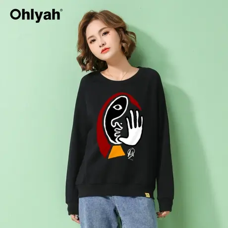 Ohlyah品牌 卫衣女潮ins日系卡通油画涂鸦印花上衣服黑色圆领学生图片
