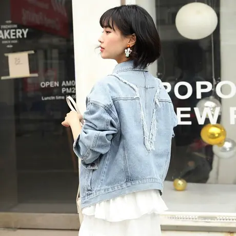 新款百搭牛仔外套女装宽松春秋韩版潮学生原宿BF上衣毛须9937商品大图