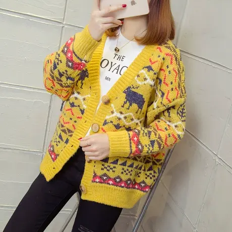 慵懒毛衣女开衫春季民族风外套新款潮春装宽松韩版针织衫商品大图