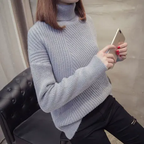 高领毛衣女加厚秋冬季新款宽松女装韩版针织衫打底衫翻领套头商品大图