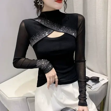 性感镂空网纱T恤女长袖气质半高领打底衫春秋设计感烫钻修身上衣图片