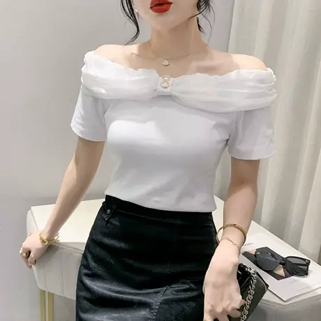 2023夏装新款时尚露肩短袖T恤女性感修身小衫网红洋气一字领上衣商品大图