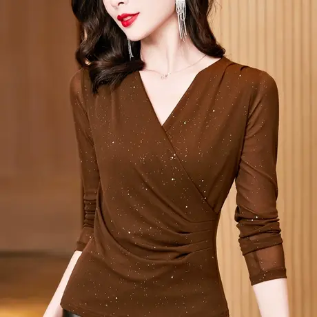 新款网纱打底衫女V领纯色t恤黑色修身显瘦设计感小众薄款长袖上衣图片