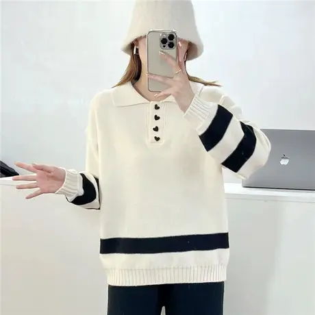 polo领爱心纽扣套头针织衫秋装2023年新款学生日系减龄宽松毛衣女商品大图