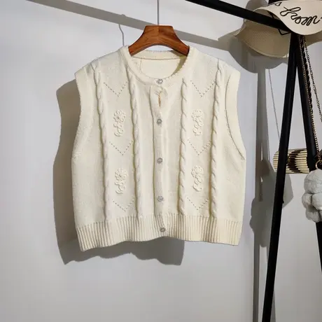 针织马甲开衫女秋冬新款韩版宽松圆领短款小个子麻花毛衣背心外穿商品大图