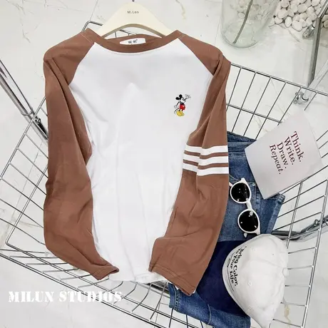 韩国东大门上衣2022早秋新款复古插肩袖拼色磨毛长袖T恤打底大码商品大图