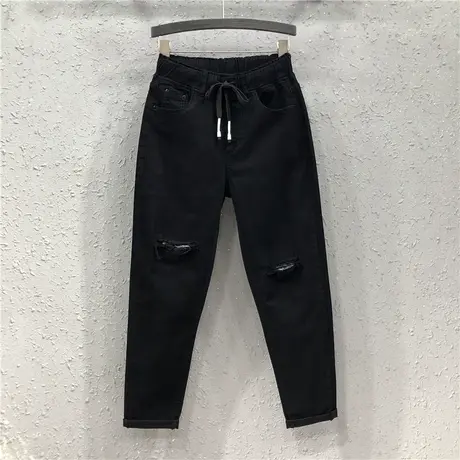 春夏新款港味女欧货潮休闲破洞贴布个性松紧腰宽松高腰牛仔哈伦裤图片