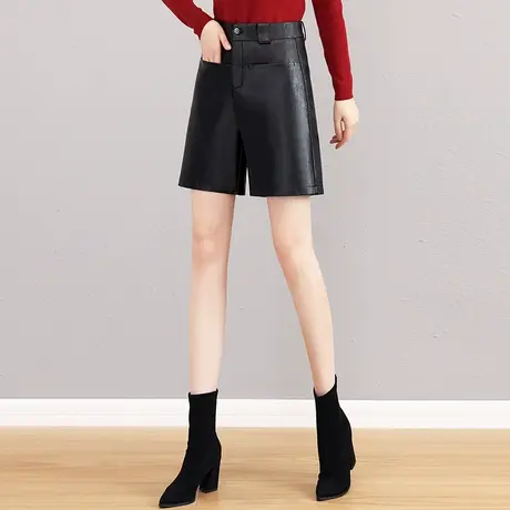 时尚皮短裤女秋季新款高腰四分直筒中裤宽松阔腿小个子外穿PU靴裤图片
