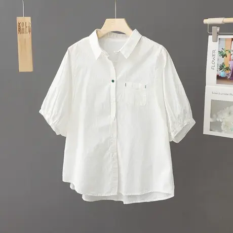 文艺小清新白色纯棉短袖衬衫女宽松休闲中袖小衫百搭薄款衬衣夏装图片
