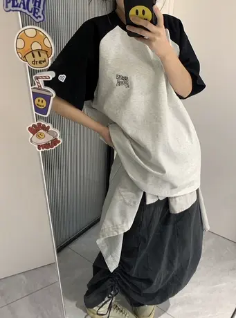 美式复古正肩纯棉短袖t恤女夏宽松半袖设计感小众chic港味上衣服商品大图