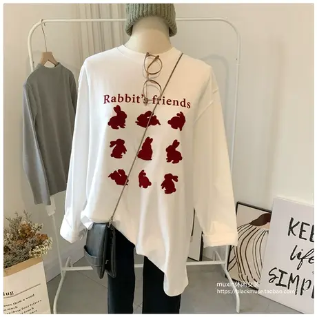 九宫格小兔子植绒印花宽松休闲打底衫春秋季韩国女式卡通T恤厚款图片