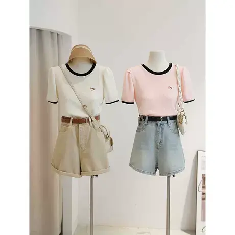 韩版撞色短袖t恤女2023新款拼色修身显瘦设计感小众正肩圆领上衣商品大图