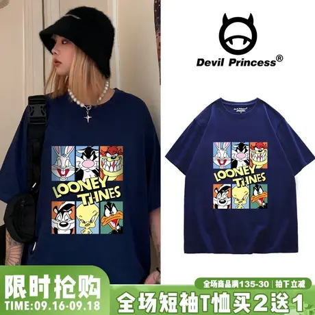 欧美卡通藏蓝色t恤女短袖宽松韩版大码bf风ins夏季纯棉半袖体恤衫商品大图