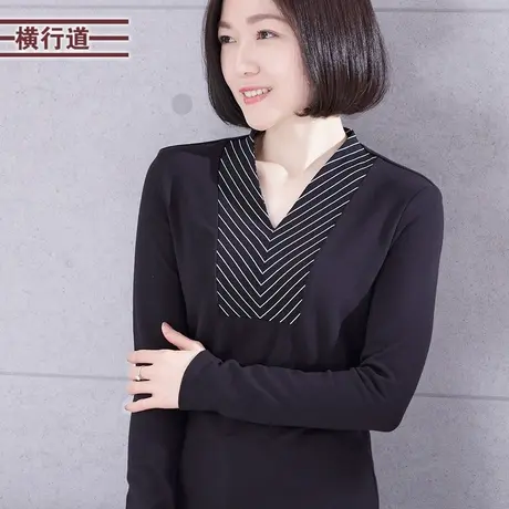 V领上衣条纹拼接修身长袖T恤女2023新款冬季纯色打底衫女套头外穿商品大图