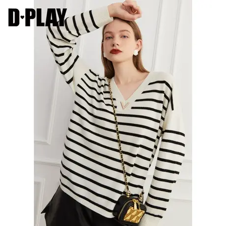 DPLAY秋装新款经典黑白条纹宽松V领长袖套头针织毛衣图片
