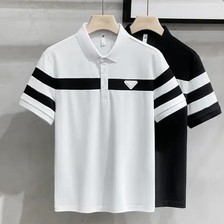 高端短袖Polo衫男2023夏季潮牌男装条纹撞色修身半袖帅气翻领t恤商品大图