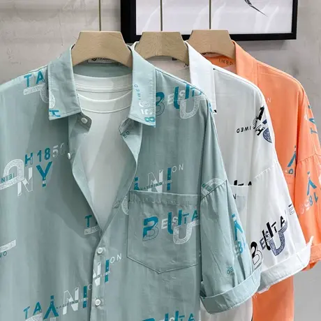 中袖衬衫男纯棉印花衬衣外套2023新款ins潮流五分夏季上衣七分袖商品大图