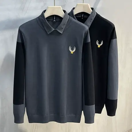 男装春秋装新款假两件毛衣男装牛头刺绣衬衫领男士针织衫外套上衣商品大图