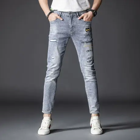 Modi Nick/摩帝尼克水洗破洞修身休闲春夏时尚牛仔裤男士直筒潮流商品大图