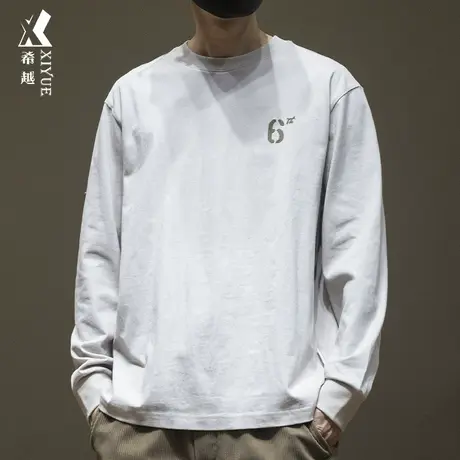 希越精梳棉重磅长袖白T恤男数字刺绣单衣秋季宽松大码小圆领男款商品大图