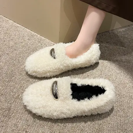 仙女风毛毛鞋女配裙子2023年秋季新款加绒豆豆鞋一脚蹬平底棉瓢鞋商品大图