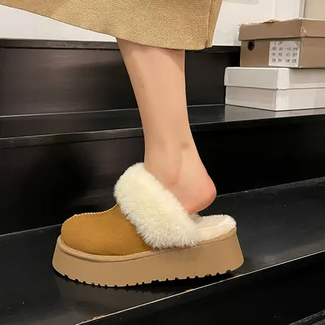 包头毛毛拖鞋女厚底松糕鞋2023冬季新款加绒舒适增高显瘦外穿棉拖商品大图