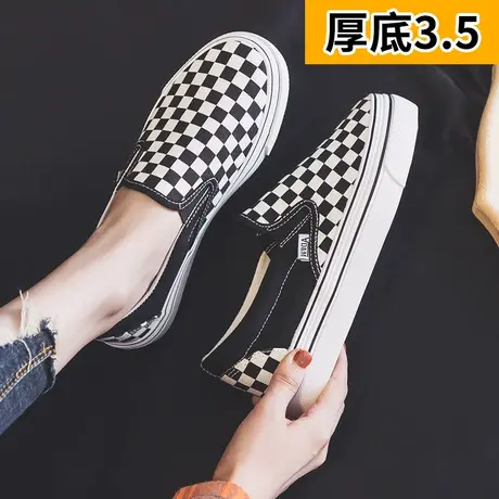 帆布鞋女鞋2023春秋季新款夏季百搭一脚蹬格子懒人鞋厚底松糕布鞋商品大图