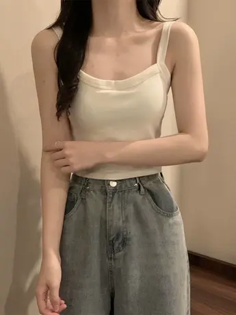 工字白色小吊带背心女夏季外穿打底无袖t恤内搭纯棉修身短款上衣商品大图