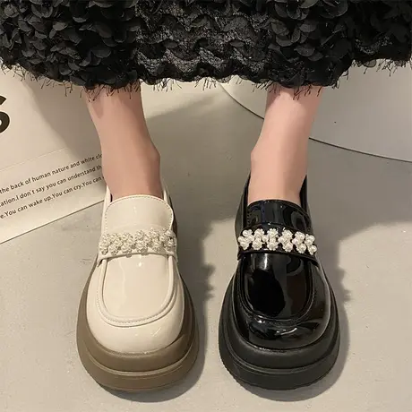 黑色英伦风小皮鞋女2024新款夏季法式珍珠复古玛丽珍厚底乐福单鞋商品大图