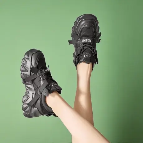 卓诗尼女鞋全黑老爹鞋纯黑秋冬女款2023年秋款秋季显脚小显瘦重工商品大图