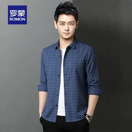 罗蒙衬衫男长袖新款休闲帅气工装格子上衣中青年商务修身衬衣男潮商品大图