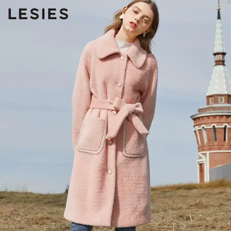蓝色倾情2022冬季女装 粉色仿水貂绒收腰羊毛大衣女中长款呢外套图片