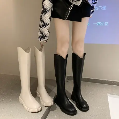 英伦风不过膝长靴女春秋新款小个子厚底高筒靴法式V口显瘦骑士靴图片